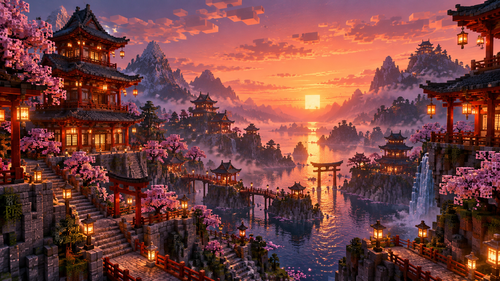 Vision artistique d’un village japonais en blocs, entre pagodes, lanternes et cerisiers au coucher du soleil